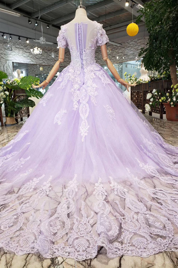 Lilac Ball Gown Short Sleeves Prom Dresses with Sheer Neck, Gorgeous ...