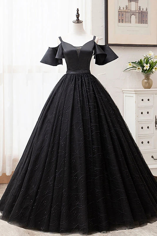 Black Ball Gown Off The Shoulder Straps Long Lace Prom Dresses ...