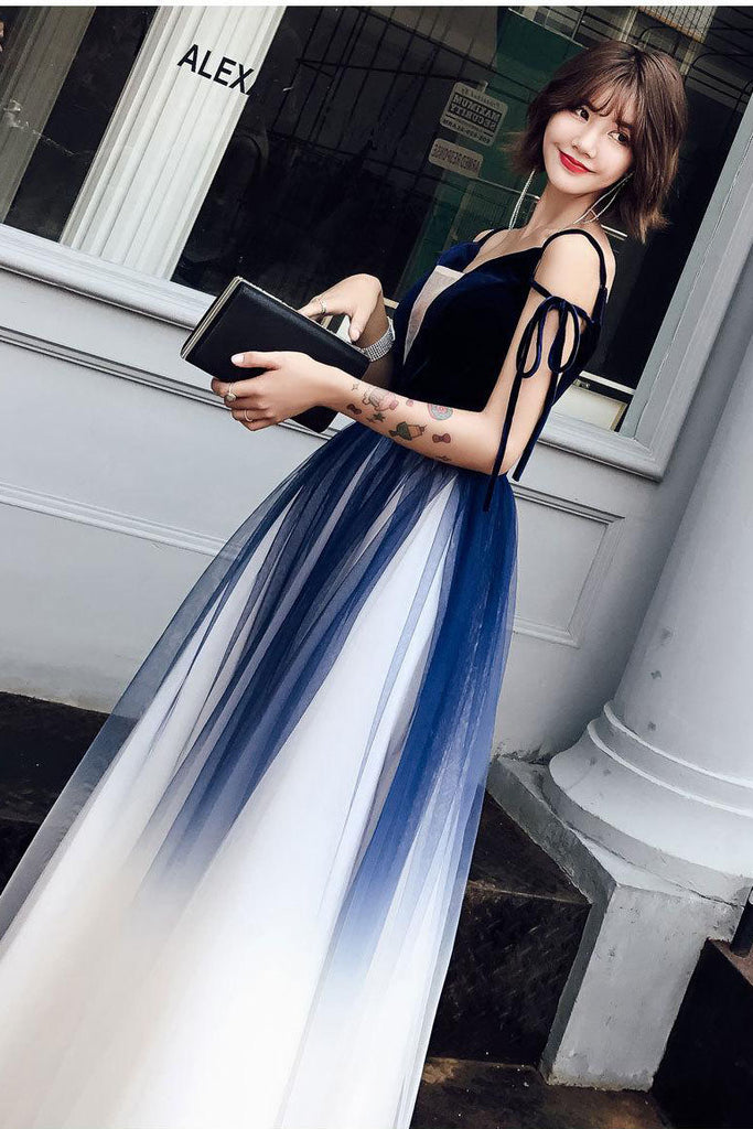Blue Ombre Long Tulle Prom Dress Unique V Neck Sleeveless Party 4407