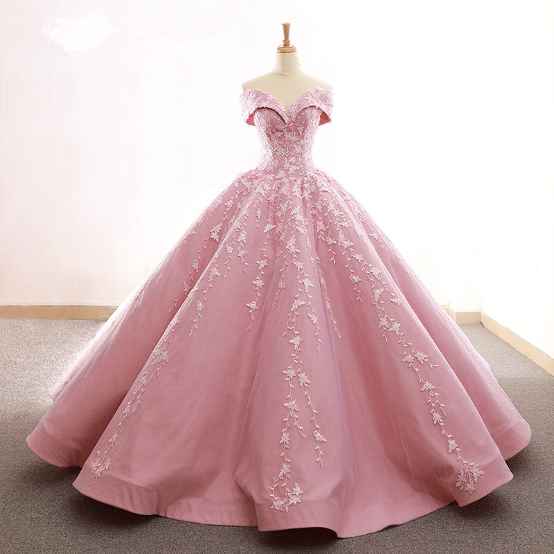 Ball Gown Off the Shoulder Satin Prom Dresses with Lace Appliques Long ...