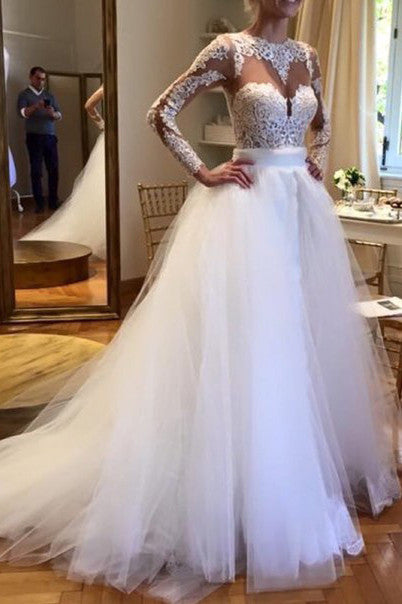 White Crew Neck Sheer Long Sleeve Lace Accents Tulle Wedding Dresses ...