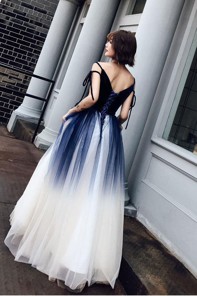 Blue Ombre Long Tulle Prom Dress Unique V Neck Sleeveless Party 1549
