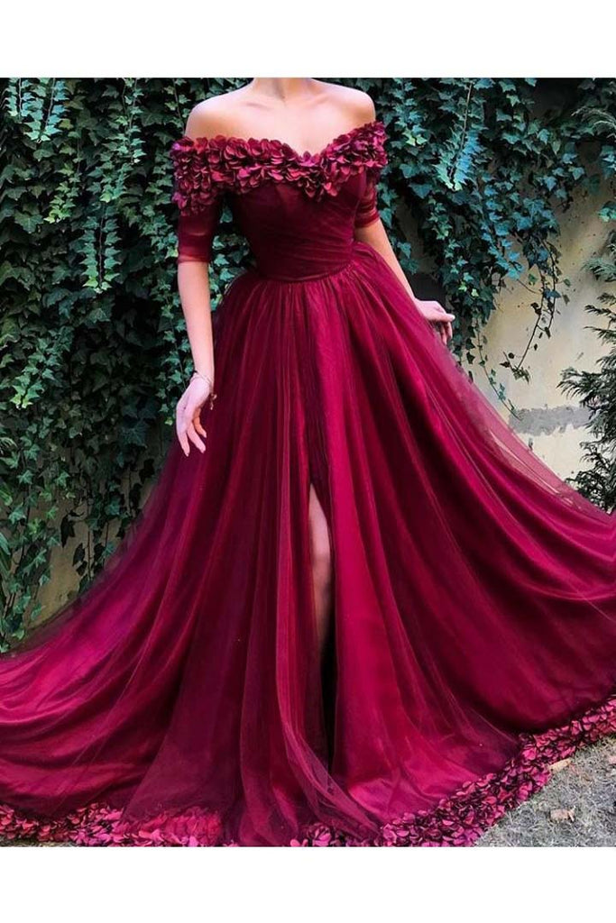 Long Off the Shoulder Half Sleeves Prom Dresses with 3D Flowers Formal ...