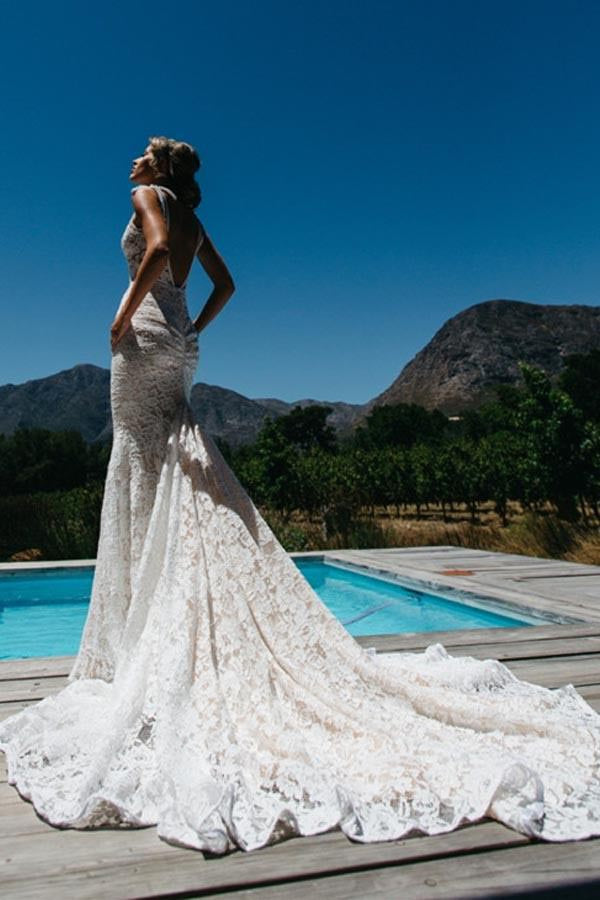 Mermaid Deep V-neck Wedding Dress,Lace Sleeveless Beach Wedding Dress