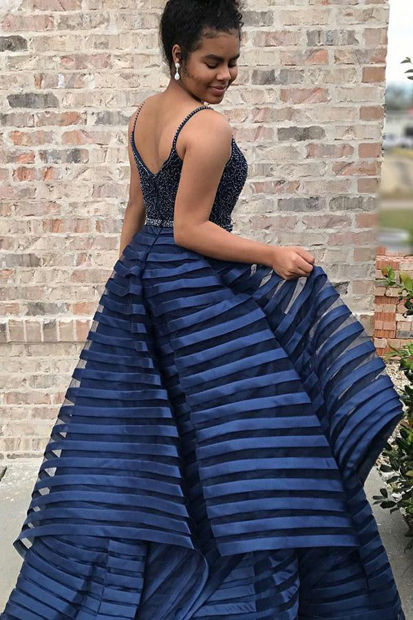 Dark Blue Spaghetti Straps Puffy Prom Dress with Beads, Unique Long ...