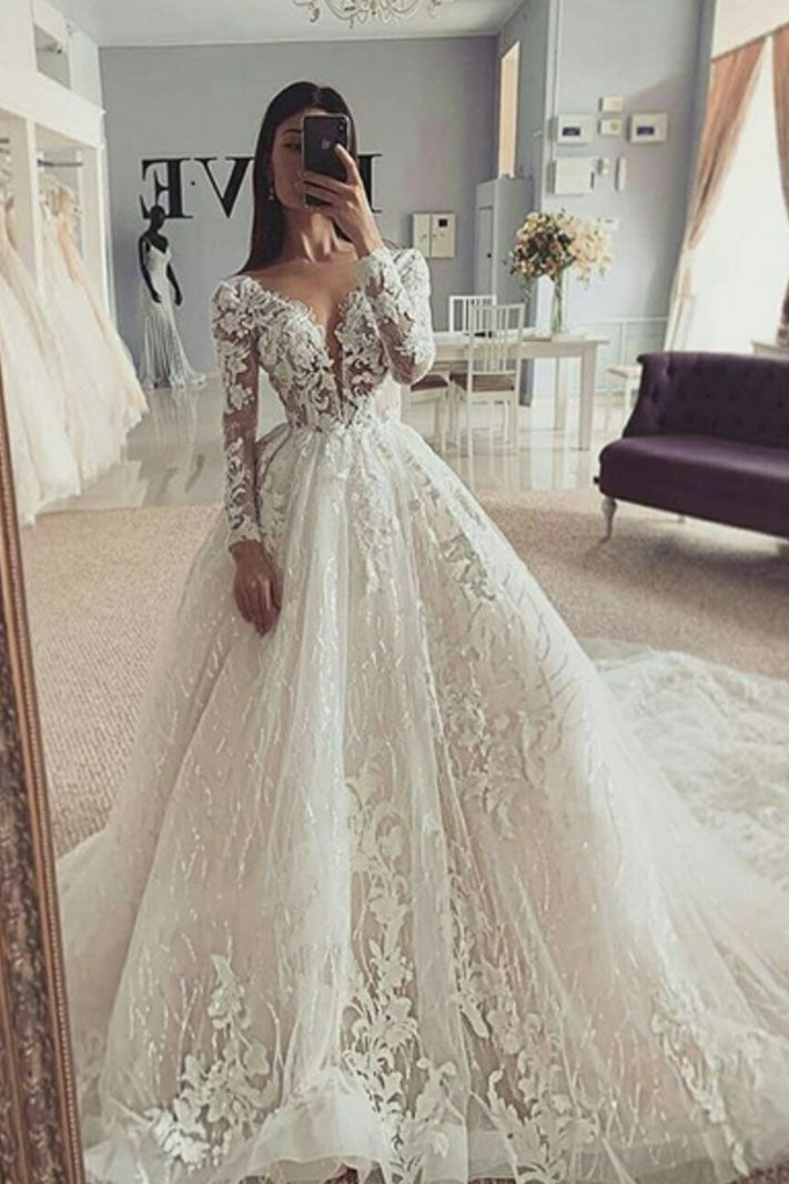 Stunning V-Neck Long Sleeves Puffy Wedding Dress With Appliques ...