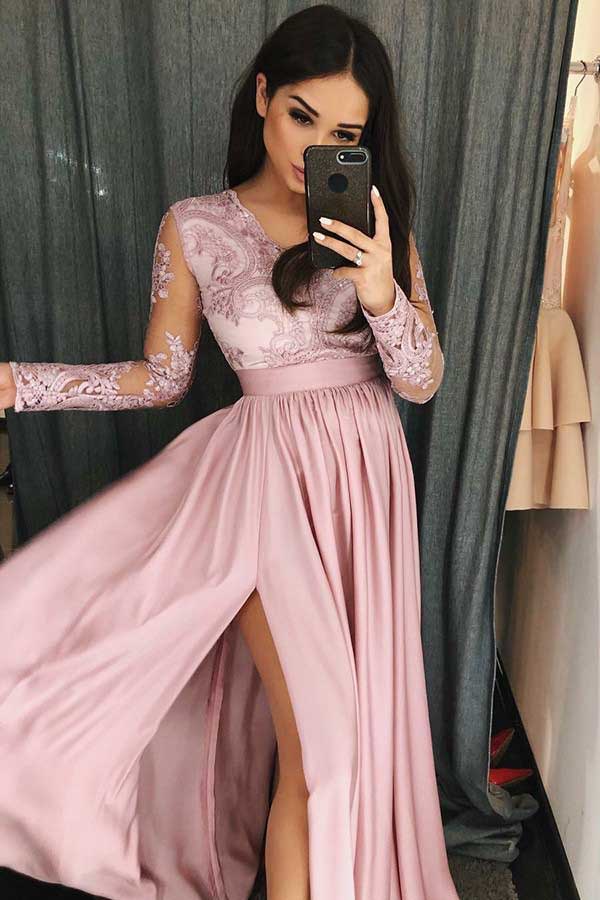 Simple V Neck Long Prom Dress With Long Sleeves Pink Split Evening 7535