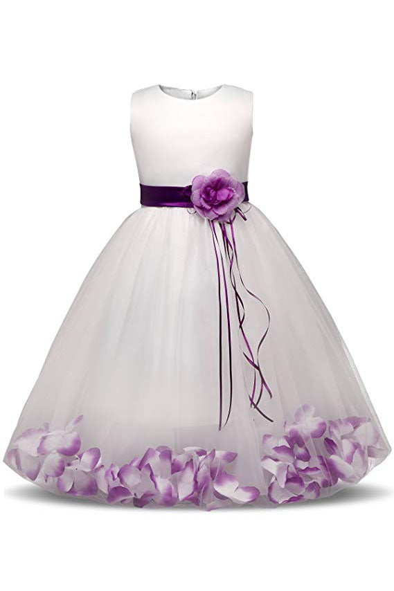 White Ball Gown Sleeveless Long Flower Girl Dresses with Purple Flower ...