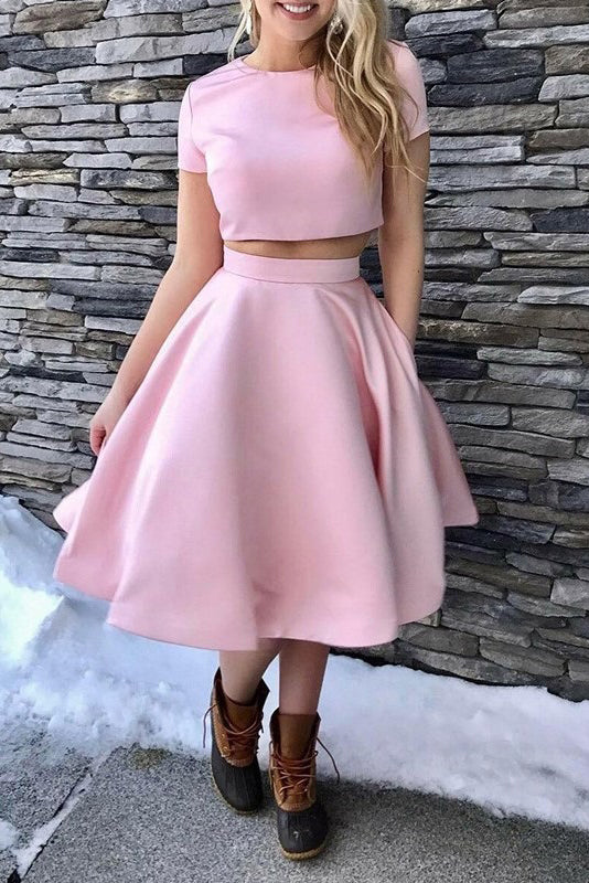 A-Line Short Sleeves Tea-Length Homecoming Dress, Two Piece Satin Prom ...