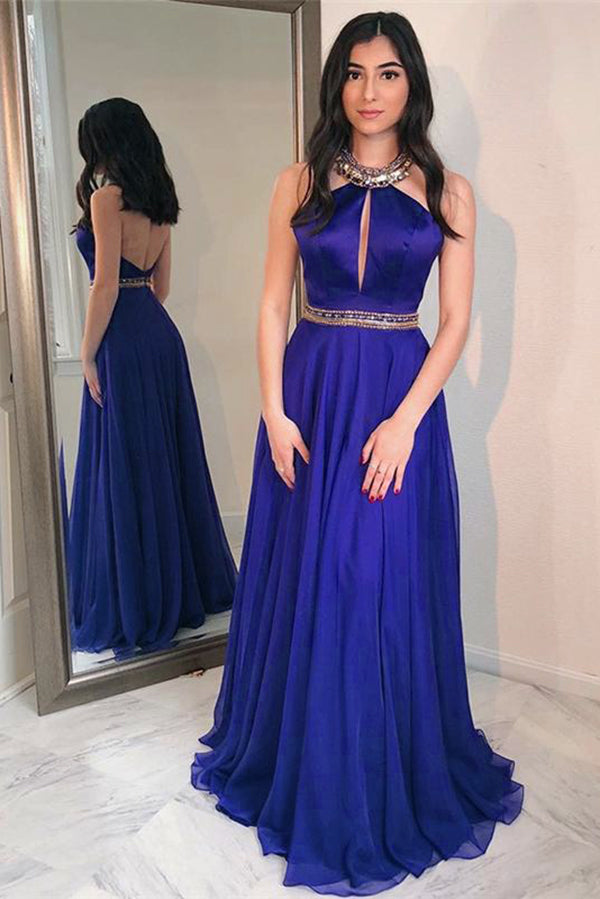 Royal Blue Floor Length Jewel Long Prom Dress With Beads Sexy Backless Evening Dress