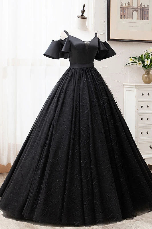 Black Ball Gown Off The Shoulder Straps Long Lace Prom Dresses ...