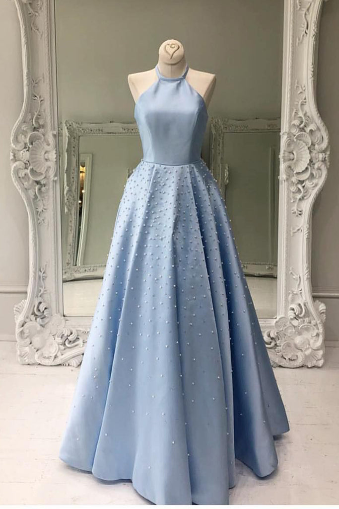 Light Blue Jewel Open Back Long Prom Dress with Pearls, A Line Sleevel