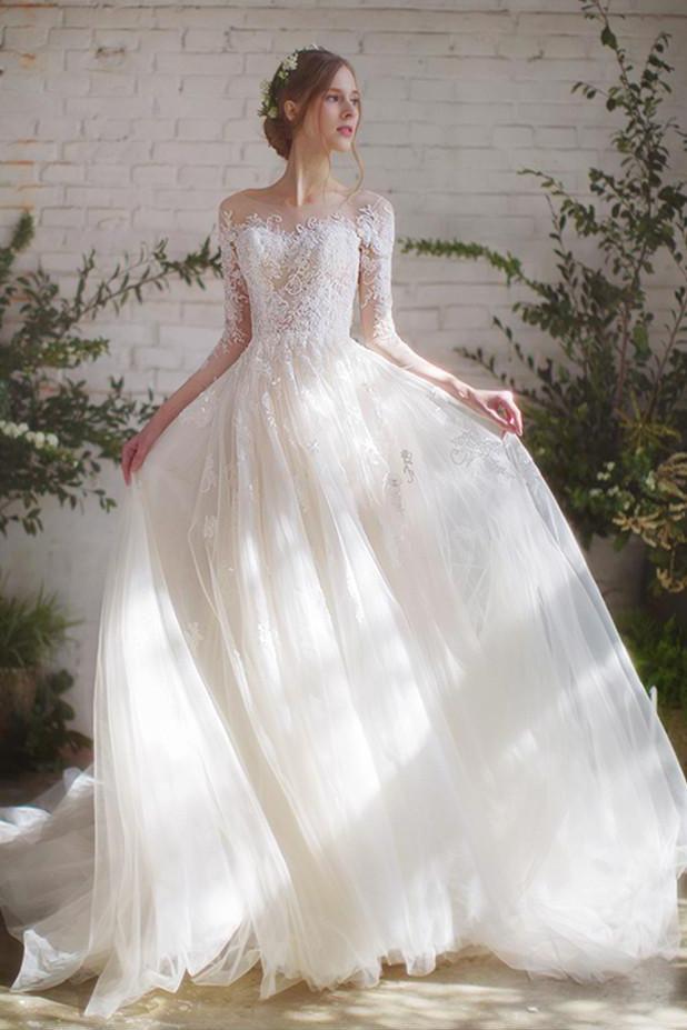Romantic 3/4 Sleeves Illusion Neckline Lace Appliqued Wedding Dresses ...