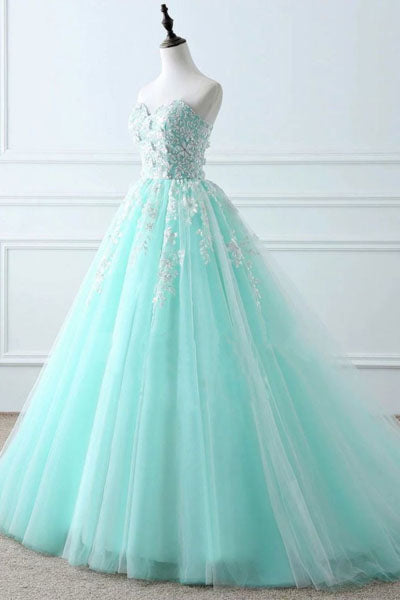Tiffany Blue Sweetheart Puffy Tulle Prom Dress with Lace Appliques, Lo ...