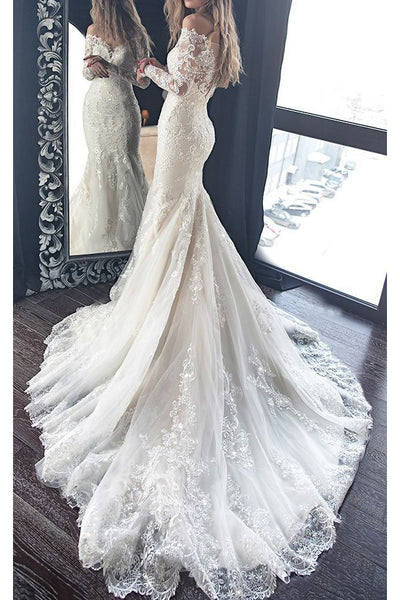 long sleeve lace wedding dress long train