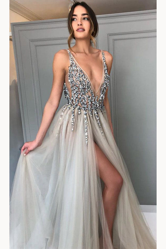 Gray Sequined Deep V Neck Prom Dress with Left Slit, A Line Tulle
