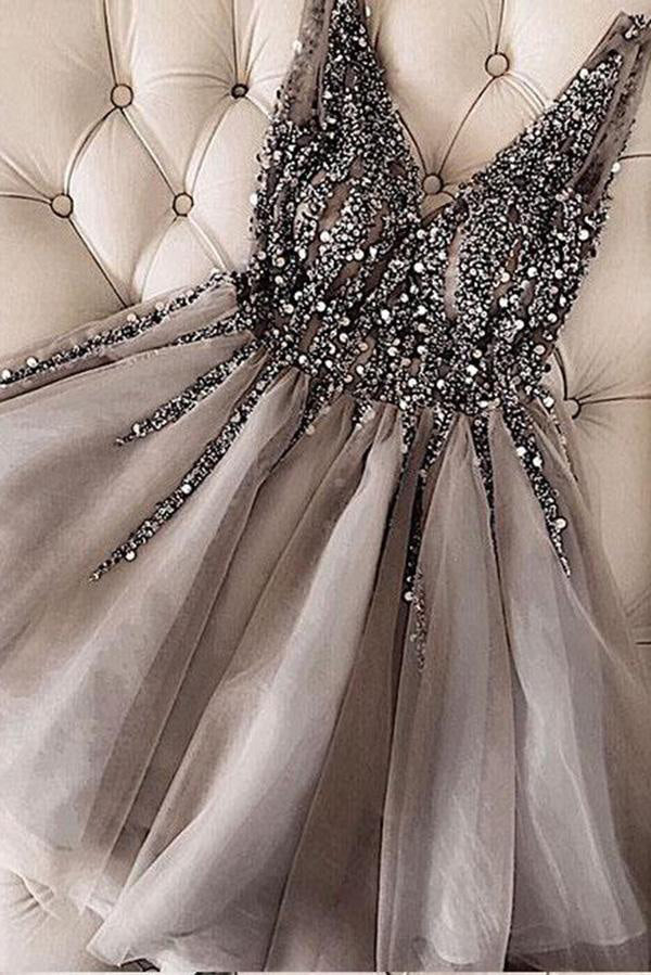 Gray Sparkle Sequined Dress, A Line V Neck Tulle Short Prom