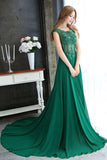 A-line Dark Green Cap Sleeve Scoop Applique Chiffon Long Prom Dress with Beaded,N644