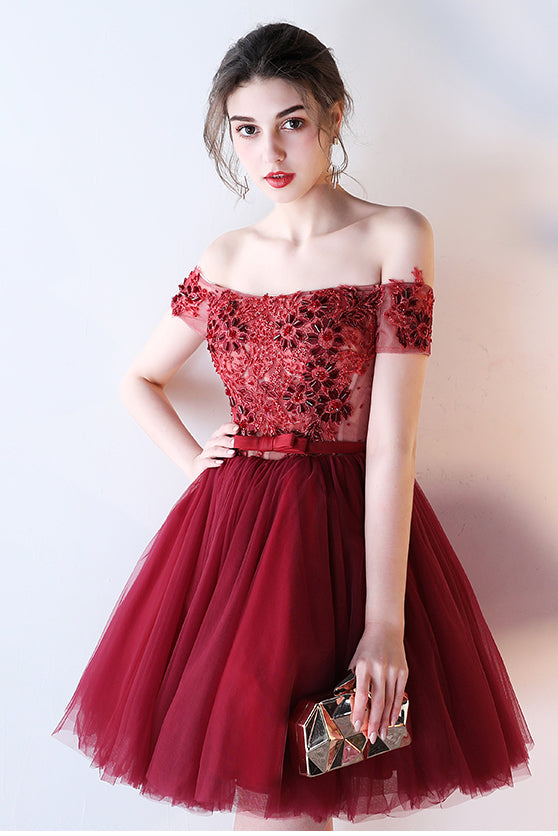 Dark Red Off The Shoulder Short Prom Dress With Belt Short Beading Homecoming Dress