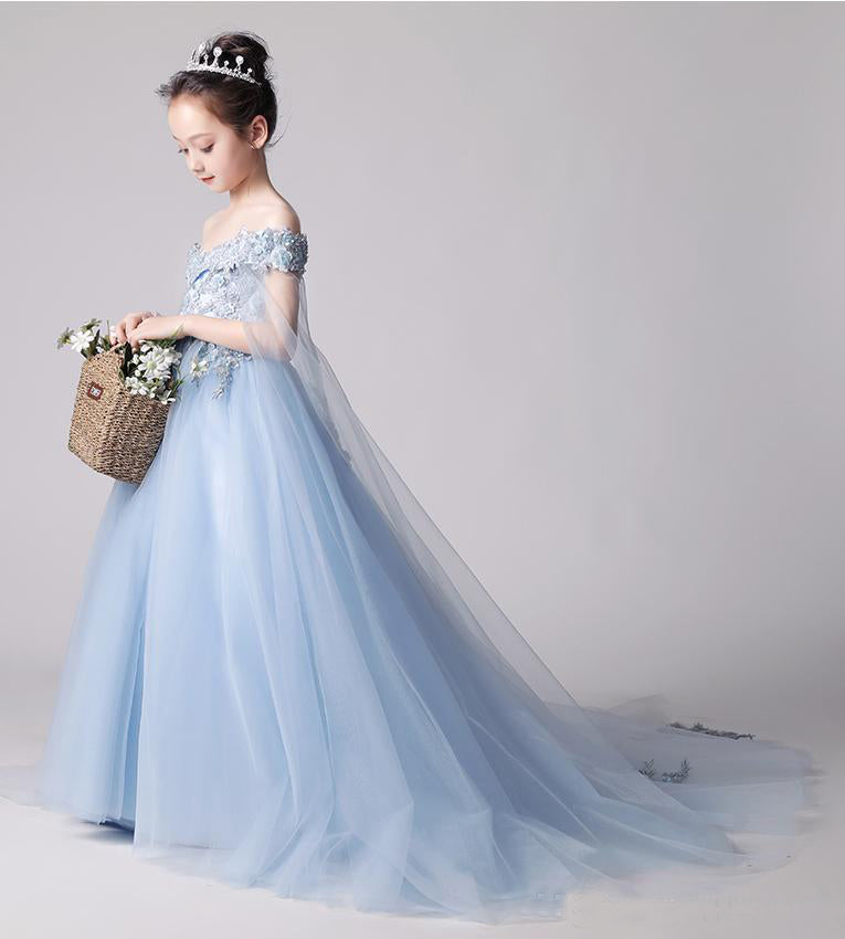 Sky Blue Off the Shoulder Appliques Tulle Flower Girl Dress F080 ...