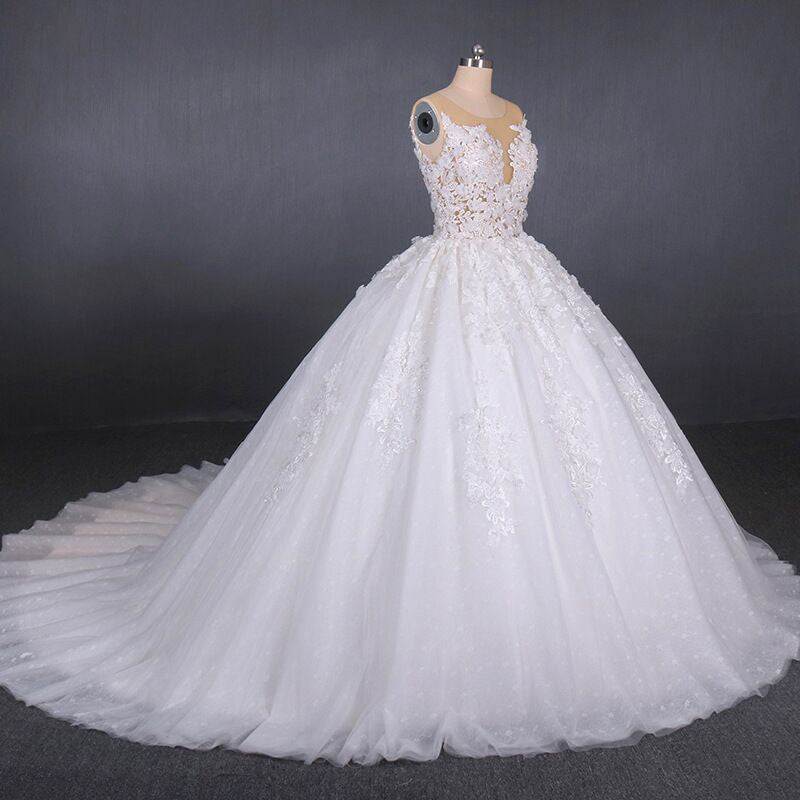 Ball Gown Sheer Neck Sleeveless White Wedding Dresses, Lace Appliqued ...