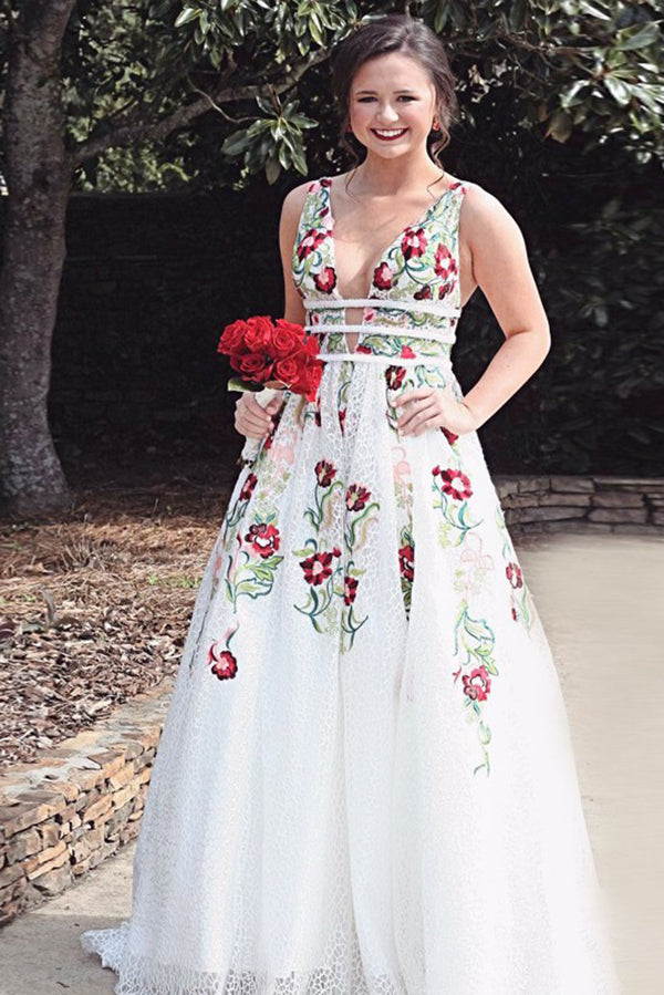 white prom dress with red flowers