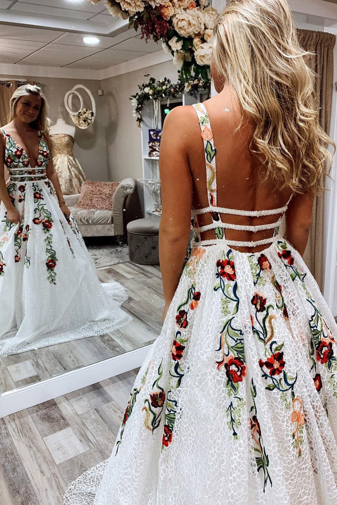 embroidered flower prom dress