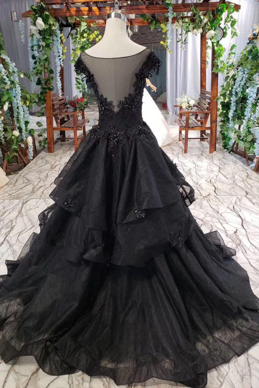 Puffy Cap Sleeves Lace Appliques Beaded Long Black Prom Dresses ...