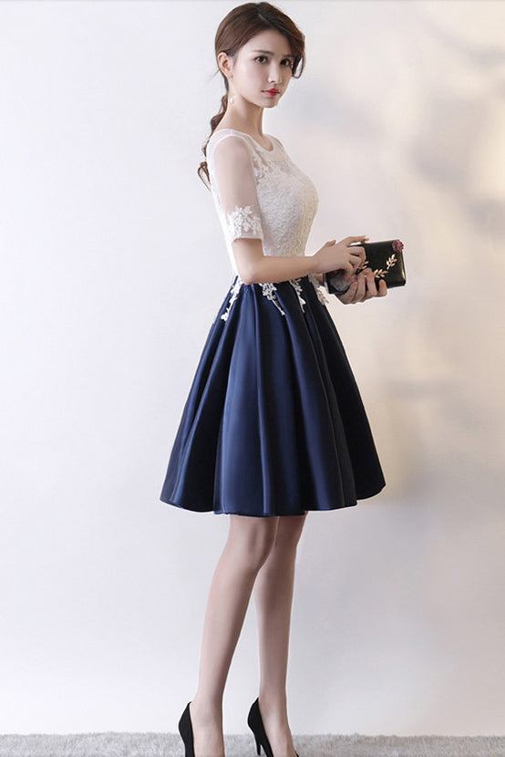 Dark Blue Knee Length Satin Homecoming Dress With Short Sleeves Short