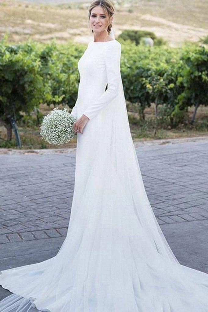 Long Sleeve Sheath Wedding Dresses Simple Modest Long Country Wedding