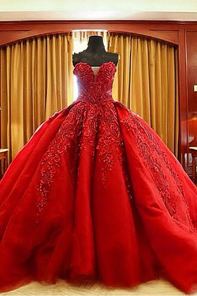 Ball Gown Red Sweetheart Tulle Prom Dresses with Appliques, Puffy