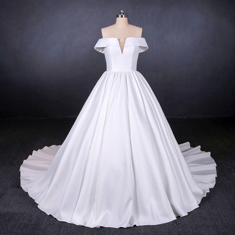 Puffy Off The Shoulder Satin Wedding Dress Ball Gown Long Bridal Dress With Long Train N2286 