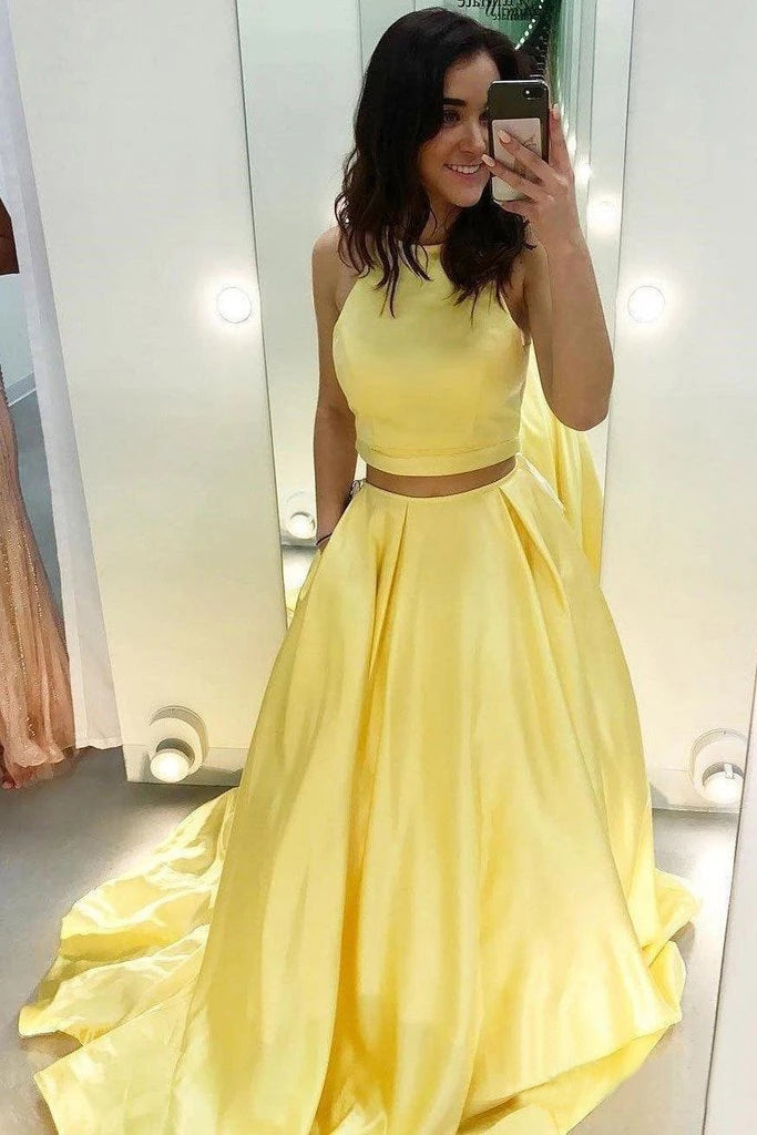 Two Piece Yellow Satin Formal Evening Dress Simple Long Prom Dresses ...