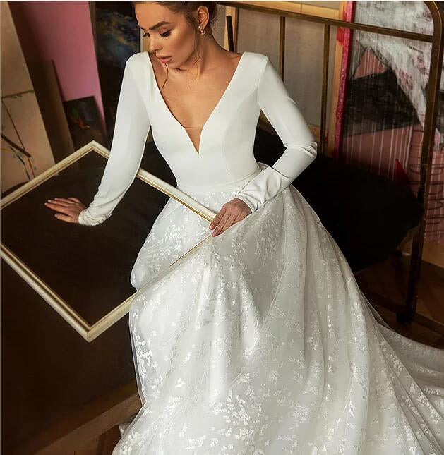 Elegant A Line Long Sleeves V Neck Wedding Dress Simibridaldresses 