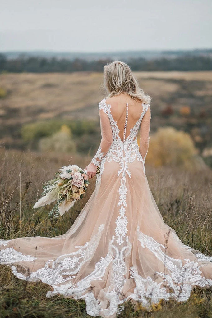 Elegant Long Sleeves Boho Wedding Dress with Lace Appliques N2527 ...