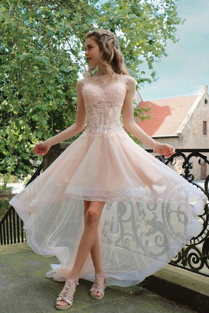 Light Pink High Low Sleeveless Tulle Prom Dress with Lace, Cute Hi Lo