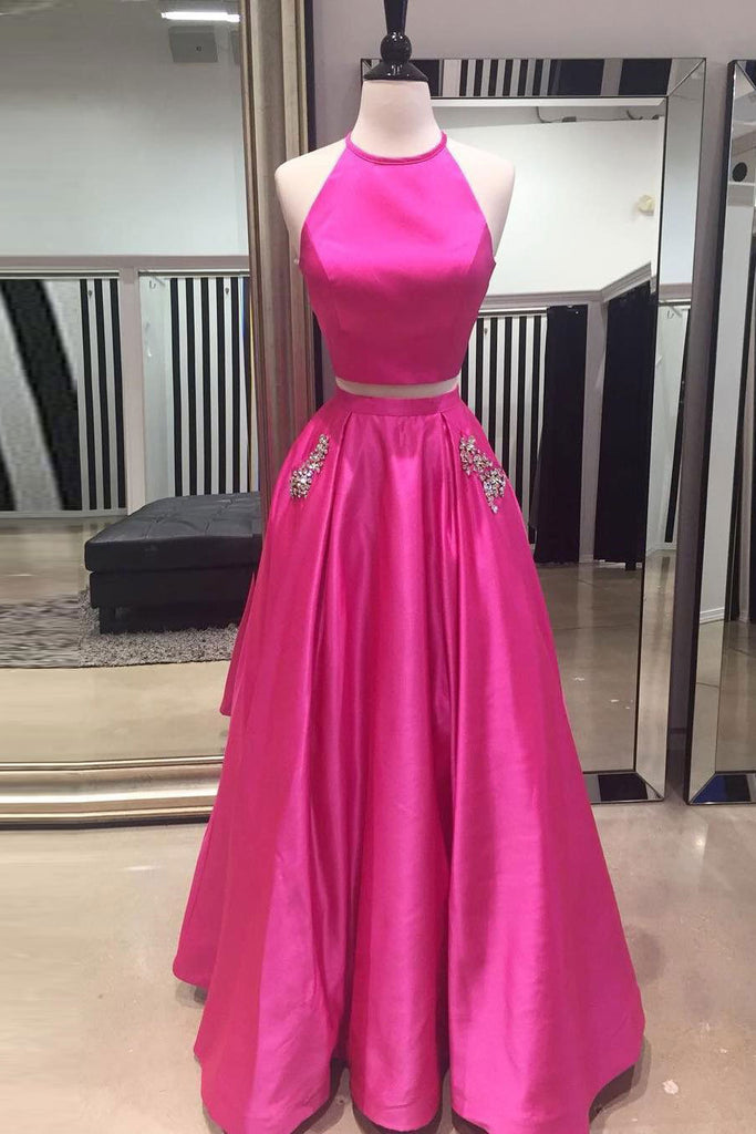 Hot Pink Halter Two Pieces Prom Dress with Pockets, Floor Length Formal ...