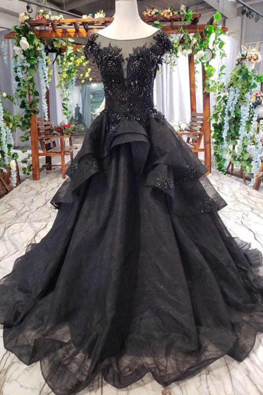 Puffy Cap Sleeves Lace Appliques Beaded Long Black Prom Dresses ...