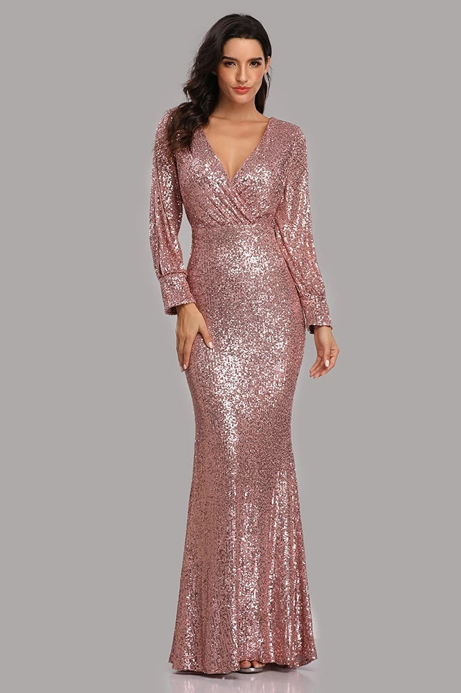 Long Split Sleeve Mermaid V Neck Rose Gold Sequins Prom Dresses, Formal ...