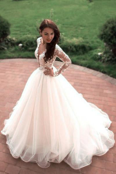  Boho  Puffy Tulle Bridal  Dress  with Lace Long Sleeves 