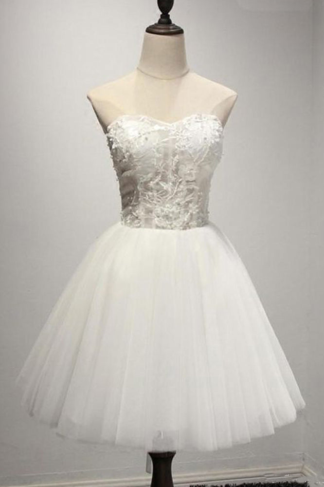 Ivory Strapless Mini Tulle Prom Dresses, A Line Sweetheart Appliqued ...