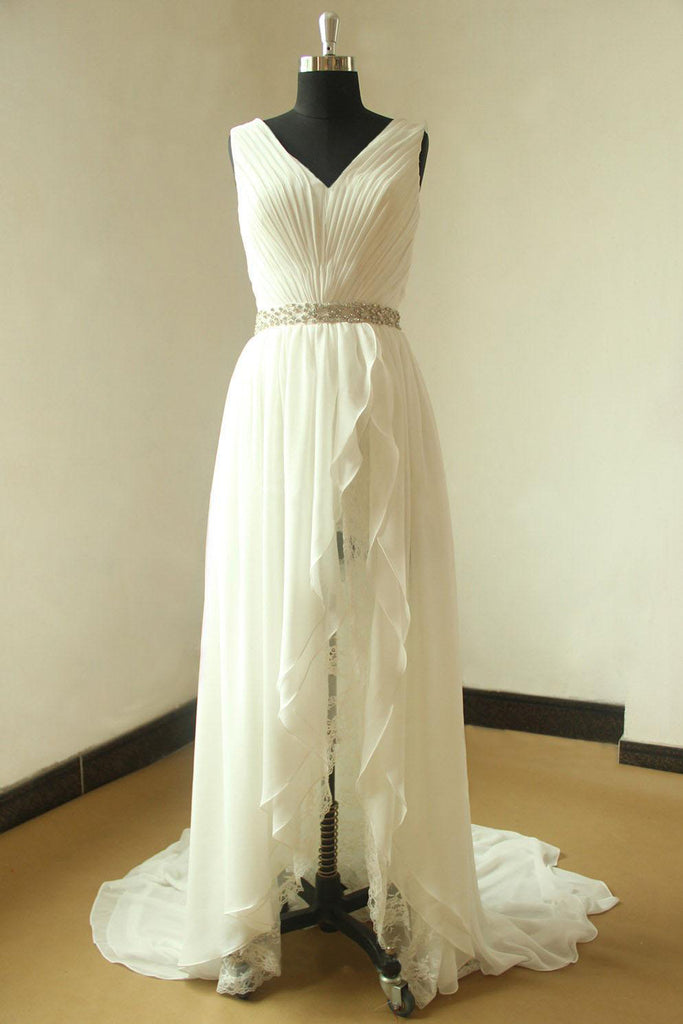Ivory V Neck Sleeveless Pleated Slit Chiffon Summer Beach Wedding Dress ...