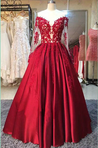 Long Sleeve Dress,Red Stain Prom Dresses with Appliques,Party Dress ...