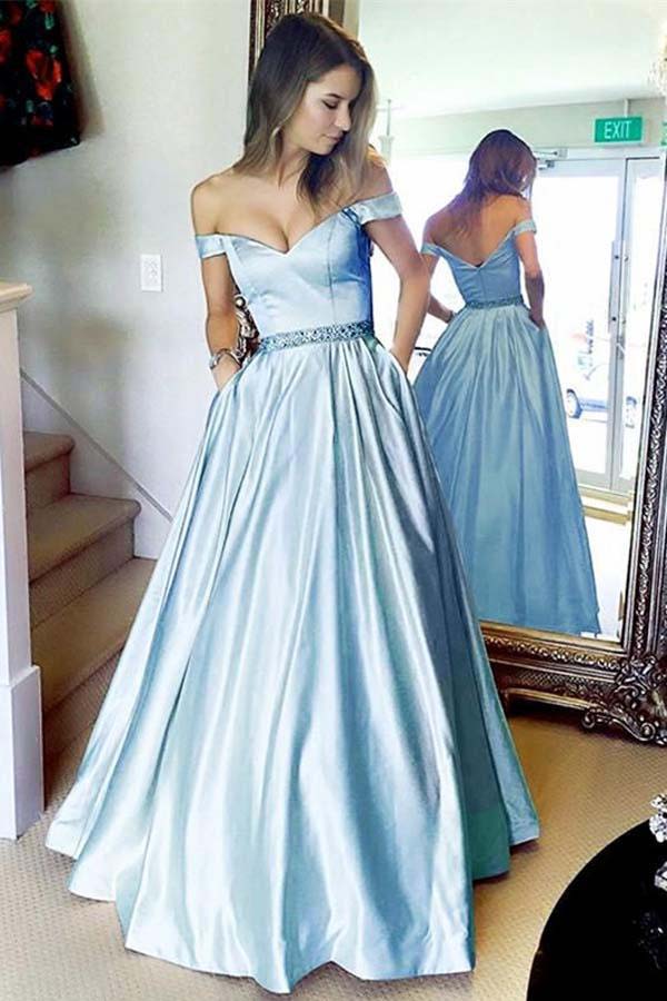 Light Blue Off the Shoulder Satin Prom Dress with Beading, Cheap Long ...