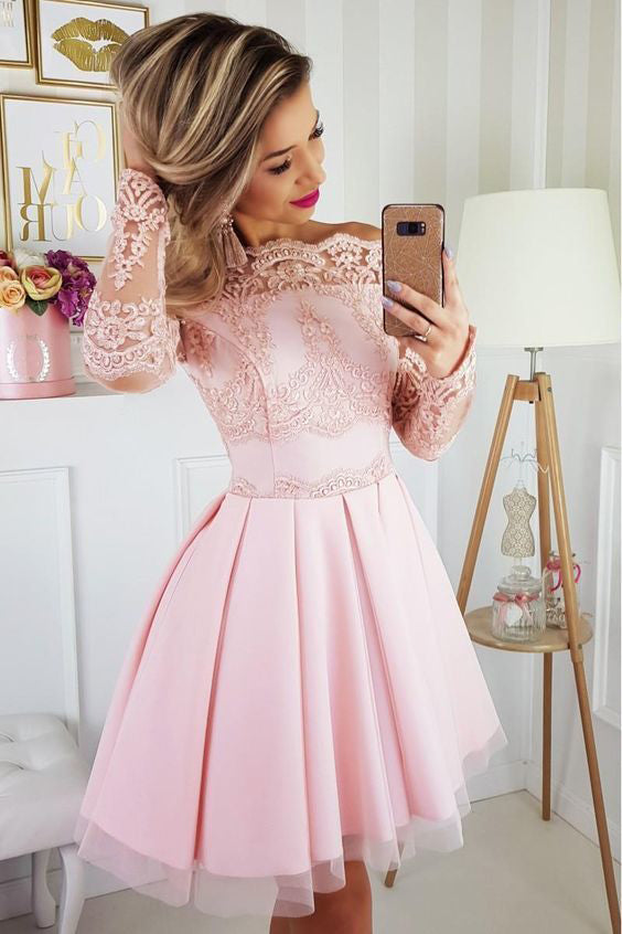 Light Pink Off The Shoulder Long Sleeves Short Homecoming Dress With