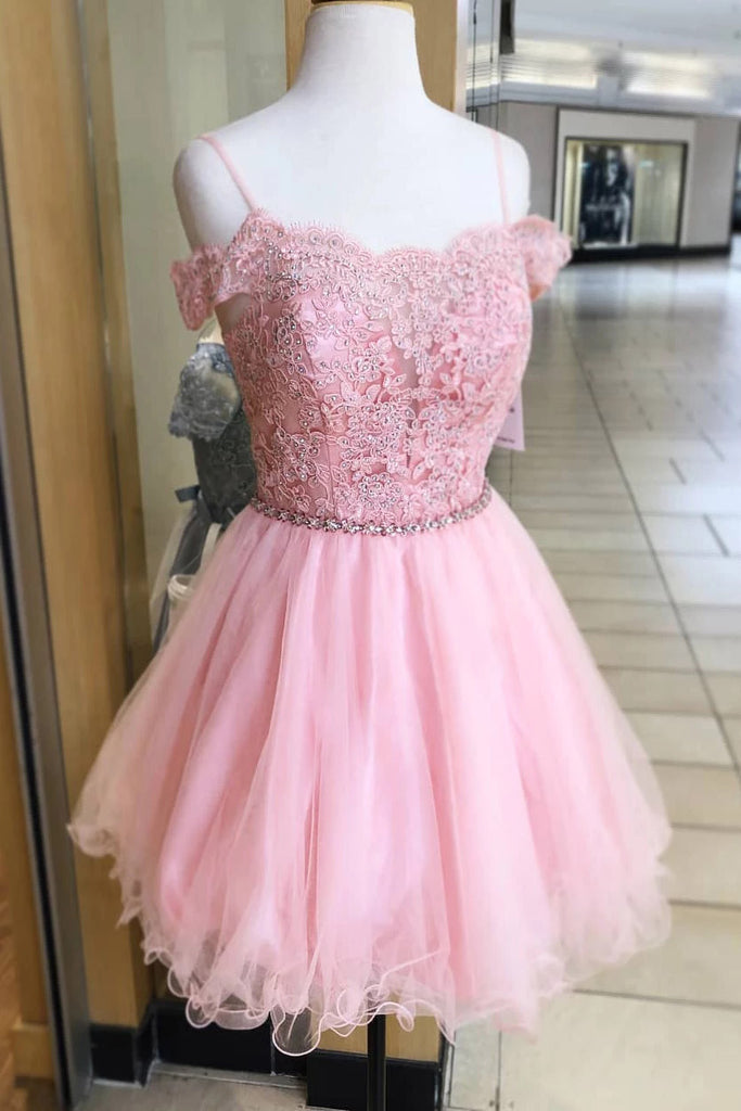 Cold Shoulder Pink Homeocming Dress with Crystals, Cute Tulle ...