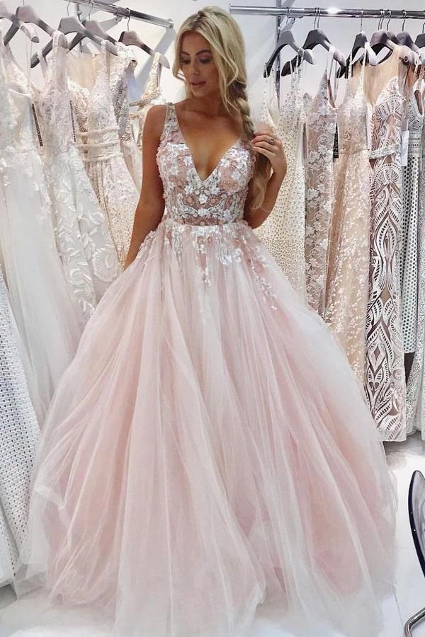 Light Pink V Neck Sleeveless Tulle Prom Dress With Flowers And Beads N 4417