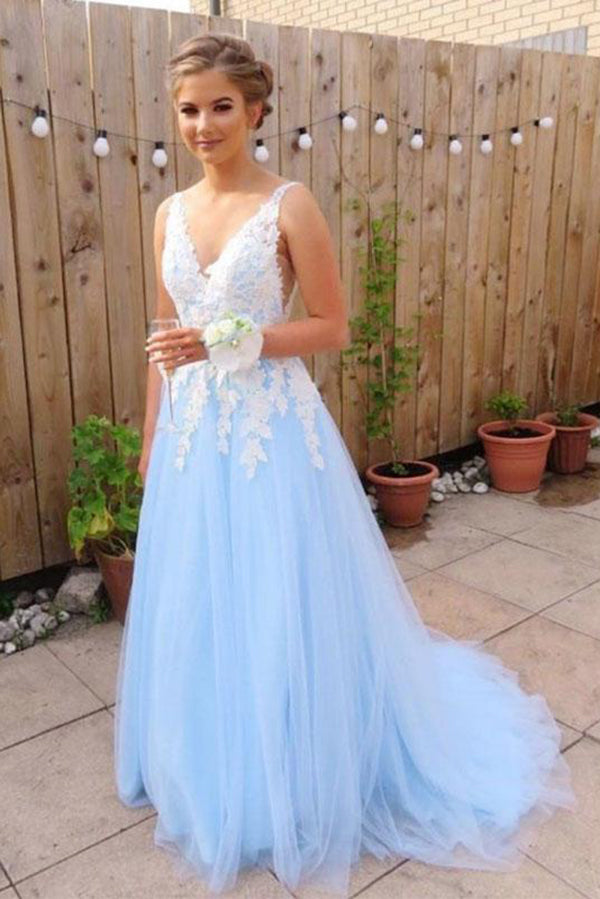 Light Sky Blue V Neck Long Tulle Prom Dress With Ivory Lace Appliques 5295
