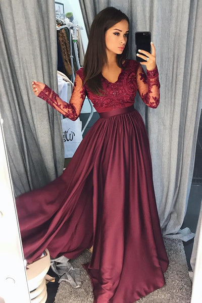 burgundy long sleeve formal dress