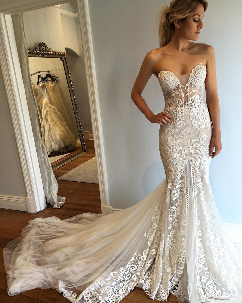 Strapless Mermaid Long Sweetheart Wedding Dress With Lace Appliques Simibridaldresses 2014